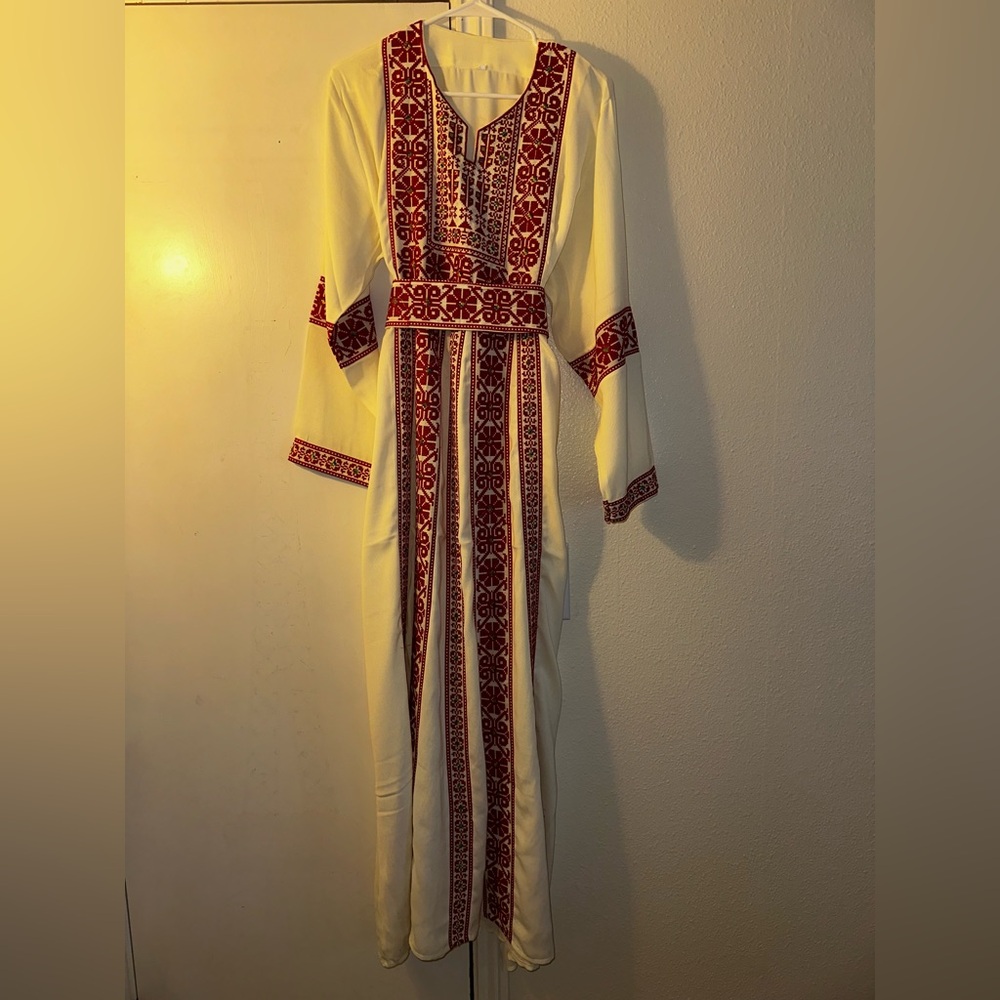 Cream & Red Palestinian Tatreez Embroidered Dress Thobe